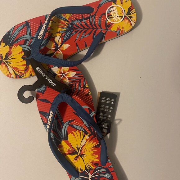 Jack & Jones Mens Flip Flop Sandals 11/12 Hawaiian Tropical New Blue Red Yellow - Picture 3 of 4